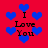Red background with blue heart shapes and black text reading "I Love You" in pixelated font.