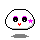 Pixelated white blob with black eyes, pink eyelashes, red mouth, and pink star on cheek; yellow and black top element changes from two stacked rectangles to one rectangle with a dot below it.