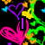 Neon-colored pixel art with hearts, hands, and text on a black background; the word 'Dance' appears in green at bottom left.