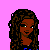 Pixelated cartoon figure with brown skin and curly hair, wearing blue top and black shorts, standing on pink background with blue sneakers.