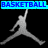 Two pixelated basketball player silhouettes in mid-air jump pose with one holding a ball, blue text banners above and below.
