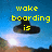 Pixelated image of a dark hat floating above water with yellow text reading 'wake boarding is' on left and 'Ownage' on right.
