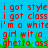 Red pixelated text on a blue background with green grass-like shapes at the bottom, repeating phrases about style, class, and identity.
