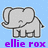 Pixelated gray elephant with large ears and trunk on light blue background, purple text 'ellie rox' below.