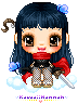 Pixel art character with dark blue hair, red scarf, and checkered pants stands on white cloud holding silver sword, with visible text below.