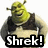 Pixelated green ogre with brown clothing and two small horns, holding a white object, with bold text 'Shrek!' below.