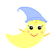 Yellow crescent moon character with blue nightcap, pink cheeks, and red mouth; left view shows open eyes, right view shows closed eyes.