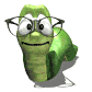 Green cartoon character with glasses and a striped body, smiling in four sequential poses showing eye and head movement.