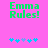Green pixelated text "Emma Rules!" on bright pink background with blue and light blue star-like shapes below.