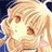 A 48x48 pixel buddy icon featuring a blonde anime-style character on the left and text elements on the right against a black background.
