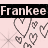 Animated contact sheet showing two frames of a buddy icon with pink background, black text banner reading "Frankee Frankee," and pixelated heart patterns.