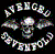 A pixelated animated contact sheet showing two frames of a buddy icon with a skull, wings, and circular text on black background.