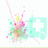 Pixelated icon with pastel colors showing a figure holding a yellow object, surrounded by pink and cyan splatters on white background.