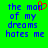 Green background with blue pixelated text reading 'the man of my dreams hates me' and a red heart symbol replacing the 'o' in 'man' on the left side.