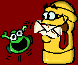 Pixelated cartoon characters on red background: green frog-like figure with glasses and yellow statue holding envelope, then releasing it.
