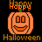 Pixelated orange pumpkin with smiling face, green stem, and 'Happy Halloween' text above/below on black background.