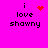 A bright pink background displays four pixelated text arrangements with 'i love shawny' and varying red pixel symbols above 'love'.