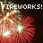 Pixelated image of a firework explosion with bright white and red bursts against a dark background, overlaid with bold white text reading "FIREWORKS!".