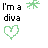 Green pixelated text 'I'm a diva' above green heart and star symbols on white background with animated variations.