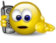 Yellow cartoon face holding a silver flip phone, displaying multiple facial expressions