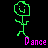 Two green pixelated stick figures dancing on a black background with pink text reading "Dance" below them, one figure holding the other's hand in frame 0 and both moving independently in frame 1.