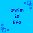 Blue background with repeated pixelated text 'swim is life' and small square-shaped icons scattered across the image.