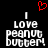 A black background displays two identical pixelated text blocks reading "I love peanut butter!" with a red heart symbol above them.