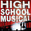 Static image with bold white text 'HIGH SCHOOL MUSICAL' over red grid background and silhouettes of two figures on a stage.