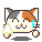 Pixelated cat face with calico coloring, closed eyes, and a single blue tear, shown in four with subtle pose changes