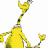 Yellow cartoon character with long neck and arms, holding a small yellow object in one hand; green star appears on chest in second frame.