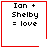 Four red-bordered white squares display "Ian + Shelby = love" text with one square containing a heart and another a star symbol.