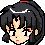 Pixel art character with black hair in a high ponytail, white crescent moon headband, and red accents on cheeks; multiple facial expressions including closed eyes, open eyes, and blushing.