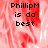 Pixelated text 'PhillipM is da best' on a red and white abstract background with a gray on the right