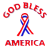 Red and blue ribbon tied in a loop above 'GOD BLESS' arched text, with 'AMERICA' below on white background.