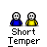 Animated contact sheet of a pixel art buddy icon showing two stick figures in blue and yellow outfits interacting across 17 frames with speech bubbles, motion effects, and pose changes against a gray background.