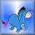 Pixelated blue cartoon donkey with black mane and tail, pink hooves, white eye highlights, and a light brown ear patch against a gradient blue background.