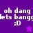 Pixelated purple background with white text 'oh dang lets bangdets :D' and a small star symbol, showing two distinct star colors.