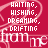 A 5x4 contact sheet of animated frames showing a repeating pattern of white text on red background with faint watermark, displaying the words HATING, HISING, DRAGGING, and DRIFTING in speech bubbles.