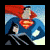 A pixelated animated contact sheet showing two frames of a Superman icon with red cape, blue suit, and yellow 'S' shield on chest against sky background, next to green text reading "Original Icons .com".