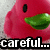 A pink cartoon character with black oval eyes and a green beak-like mouth, shown in two states with text below.