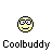 A contact sheet of 11 animated frames showing a yellow cartoon face with glasses and varying expressions, some with halos, arranged in a grid beneath the text "Coolbuddy".