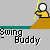Animated sequence of a yellow figure swinging a yellow baton on a gray background with green and brown elements, labeled "Swing Buddy" text below.