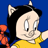 Pixelated cartoon character with black hair, cat ears, yellow shirt, and blue background holding an orange object.