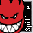 Red cartoon character with sharp teeth and narrowed eyes repeated in a pattern, each containing vertical text labels
