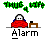 A pixelated animation of a character under red covers with a small brown table, showing sequential changes in the character's head and table props.