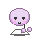 Pixelated character with light purple head and pink cheeks, black eyes, small mouth, holding two purple cubes on a white base against gray background.