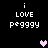 Pixelated text 'i LOVE peggy' on black background with two distinct heart symbols in different positions.