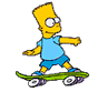 Yellow-haired cartoon character in light blue shirt and dark blue shorts rides green skateboard with purple wheels across gray background.