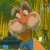 Pixelated cartoon character with large nose, brown hair, and blue pants, standing against green-yellow background.