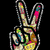 Pixelated hand making peace sign with multicolored patterned skin, two versions with white rectangular overlays on black background.
